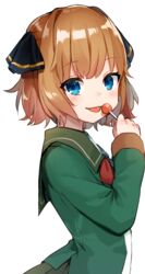  black_ribbon blue_eyes blush brown_hair candy female food green_jacket hachijou_(kancolle) hair_between_eyes hair_ribbon holding holding_candy holding_food holding_lollipop jacket kantai_collection lollipop long_sleeves looking_at_viewer mitamgr protected_link red_ribbon ribbon short_hair simple_background solo tongue tongue_out upper_body white_background 