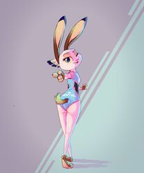  anthro ass blizzard_entertainment blue_eyes butt_pose clothed clothing english_text female fully_clothed fur lagomorph leporid looking_back mammal one_eye_closed overwatch pose rabbit ribbontail_(character) simple_background smile solo text text_on_clothing vulpesvant wink 