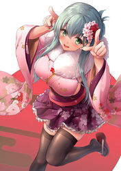  aqua_hair awa_yume blush breasts female floral_print flower from_above from_below green_eyes hair_between_eyes hair_flower hair_ornament highres japanese_clothes kantai_collection kimono large_breasts long_hair looking_at_viewer open_mouth pink_kimono purple_kimono sideboob sidelocks solo suzuya_(kancolle) thighhighs wide_sleeves 