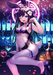  ;d animal_ears arm_support arm_up armpits arms_up bar_(place) bare_arms bare_legs bare_shoulders bikini black_bikini black_choker black_footwear black_hair blue_flower bow breasts bridal_garter choker cleavage cocktail_glass collarbone cup dark drinking_glass fake_animal_ears fake_tail female fishnets flower glint hairband hairbow high_heels highleg large_breasts long_hair looking_at_viewer midriff natsuiro_xx navel oerba_yun_fang one_eye_closed open_mouth original purple_eyes rabbit_ears rabbit_tail revealing_clothes shoes side-tie_bikini_bottom sitting smile solo stomach swimsuit tail thighs water 