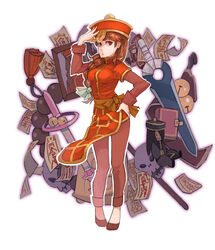  :&gt; beads bell black_footwear blunt_bangs bongun book bow braid braided_ponytail breasts brown_hair brown_pants brown_shirt character_doll chinese_clothes closed_mouth commentary female full_body green_bow hairbow hand_on_own_hip hat highres jacket jiangshi jingle_bell kemushi_sama layered_sleeves long_hair long_sleeves looking_at_viewer medium_breasts munak ofuda painting_(object) pants prayer_beads qingdai_guanmao ragnarok_online red_eyes red_jacket sash shirt short_over_long_sleeves short_sleeves simple_background skull solo standing sword weapon white_background yellow_sash 