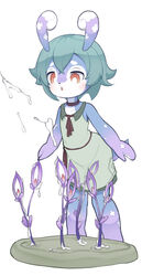  absurd_res ambiguous_fluids anthro blush cosanzeana_(genshin_impact) genshin_impact green_hair hair hi_res melusine_(genshin_impact) mihoyo multicolored_body open_mouth orange_eyes plant purple_body short_hair sleeveless_dress standing terzeebo two_tone_body white_body 