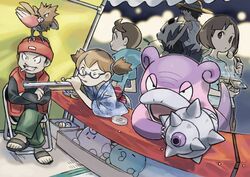  2girls 3boys aiming alternate_costume beanie black_shirt bob_cut brown_hair bug_catcher_(pokemon) clefairy closed_mouth donnpati facial_hair fisher_(pokemon) galarian_slowbro glasses green_pants gulpin hair_tie hat highres holding hood hoodie mouth_hold multiple_boys multiple_girls official_style on_head one_eye_closed open_clothes open_vest pangoro pants poke_ball pokemon pokemon_(creature) pokemon_bw pokemon_gsc pokemon_on_head pokemon_rgby pokemon_xy red_headwear red_vest sandals school_kid_(pokemon) shirt short_hair smile spearow steam tank_top teeth tied_hair toes tongue tongue_out tray vest white_tank_top youngster_(pokemon) 