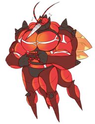  ambiguous_gender antennae_(anatomy) biceps blush bodily_fluids buzzwole flying_sweatdrops generation_7_pokemon hi_res juggermelon muscular muscular_ambiguous nintendo pokemon pokemon_(species) red_body shy simple_background solo spikes sweat sweatdrop ultra_beast white_background wings 