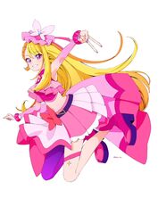  artist_name asymmetrical_clothes asymmetrical_legwear belt blonde_hair boots commentary cure_butterfly eyelashes female hair_ornament happy high_heel_boots high_heels highres hijiri_ageha hirogaru_sky!_precure long_hair looking_at_viewer magical_girl midriff miniskirt multicolored_hair nail_polish navel orange_hair pantyhose pink_eyes pink_footwear pink_nails pink_pantyhose pink_shirt pink_skirt precure shirako_love shirt simple_background single_leg_pantyhose skirt smile solo streaked_hair symbol-only_commentary twitter_username two-tone_hair v very_long_hair white_background 