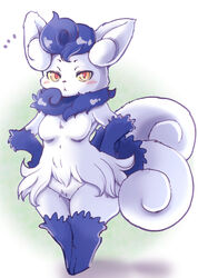  2020 2_tails anthro blue_body blue_fur blue_hair blush breasts curled_tail featureless_breasts female fur generation_6_pokemon hair hand_on_hip meowstic multi_tail nintendo nude pokemon pokemon_(species) setouchi_kurage solo tail white_body white_fur yellow_eyes 