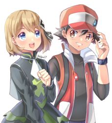  1boy ashujou baseball_cap black_hair blonde_hair blue_eyes blush brown_eyes commentary cosplay dress dress_shirt female gloves hair_ornament hat highres holding jacket looking_at_viewer official_alternate_costume open_mouth pokemon pokemon_(anime) pokemon_masters_ex pokemon_xy_(anime) red_(pokemon) red_(pokemon)_(cosplay) red_(sygna_suit)_(pokemon) satoshi_(pokemon) serena_(pokemon) serena_(sygna_suit)_(pokemon) shirt short_hair skirt smile 