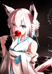  animal_ears apple azur_lane blue_eyes candy_apple crossed_bangs eating female food fox_ears fox_girl fruit highres japanese_clothes kawakaze_(azur_lane) kawakaze_(unsullied_white_fox)_(azur_lane) kimono looking_away obi official_alternate_costume ribbon-trimmed_clothes ribbon_trim ryou_(ryo_217cafe) sash standing tassel umbrella white_hair white_kimono white_umbrella wide_sleeves 