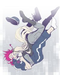  1boy baseball_cap blonde_hair boots collarbone danganronpa_(series) danganronpa_2:_goodbye_despair den1208 falling female from_side hat hug jumpsuit knee_boots long_hair no_shoes pants pink_hair sleeves_rolled_up smile socks soda_kazuichi sonia_nevermind tears teeth upside-down vest 