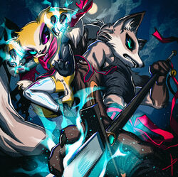  anthro asian_mythology back_to_back bandai_namco bandana battle bell belt blaedic canid canine clothing cloud colored_fire countershading crop_top dark_sclera digimon digimon_(species) duo east_asian_mythology facial_markings female fighting_pose fire fox furgonomics furry-specific_piercing genji green_fire hand_on_weapon head_markings heterochromia hi_res holding_fireball holding_object holding_weapon hybrid imp impmon japanese_mythology jumping kerchief larger_male leggings legwear low-angle_view male mammal markings melee_weapon moon mythology naginata outside piercing polearm pose renamon renimpmon renimpmon_x ribbons shirt size_difference sky smaller_female star tail tail_piercing topwear weapon yokai 