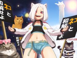  :d animal animal_ears cat_ears cat_transcendence_(meme) character_request christ_signboard commentary_request eyes_visible_through_hair feline female flat_chest jacket kaii_to_otome_to_kamikakushi letterman_jacket longcat_(meme) meme midriff navel red_eyes sharp_teeth shirosato short_hair short_shorts shorts sign smile space_cat_(meme) teeth translation_request white_hair 