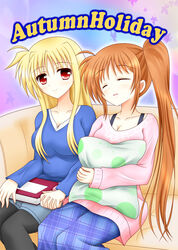  2girls alternate_costume blonde_hair book breasts brown_hair casual cleavage closed_eyes collarbone couch couple fate_testarossa happy holding_hands interlocked_fingers leaf long_hair looking_at_another lyrical_nanoha mahou_shoujo_lyrical_nanoha_strikers mahou_shoujo_lyrical_nanoha_vivid multiple_girls pantyhose parted_lips pillow raikkonen713 red_eyes side_ponytail sitting sleeping sleeping_upright smile takamachi_nanoha very_long_hair yuri 