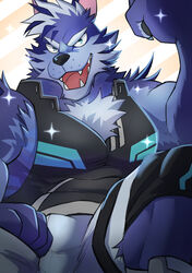  1boy absurdres animal_nose bara blue_eyes blue_fur body_fur commentary_request diagonal_stripes fangs fangs_out furrowed_brow furry furry_male highres kou_(kouga0225) male_focus muscular muscular_male open_mouth shirt short_hair simple_background smile snout solo striped striped_background teeth thick_eyebrows tindalos_(housamo) tokyo_afterschool_summoners 