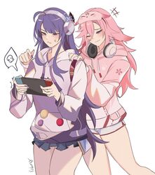  +++ 2girls absurdres ahoge alternate_costume anger_vein animal_ears blush braid closed_mouth drawstring english_commentary eye_mask floppy_ears fox_ears genshin_impact handheld_game_console headphones headphones_around_neck highres holding holding_handheld_game_console hood hood_down hoodie long_hair low-braided_long_hair low-tied_long_hair multiple_girls nintendo_switch official_alternate_costume one_eye_closed pink_hair pink_hoodie purple_eyes purple_hair purple_hoodie purple_nails raiden_shogun raiden_shogun_(2nd_anniversary) rudang short_shorts shorts sidelocks signature simple_background smile standing thighs white_background white_shorts yae_miko 