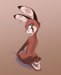  2019 ailurid anthro brown_background brown_body brown_fur female fur hi_res hybrid inner_ear_fluff kneeling lagomorph leporid looking_back mammal nude rabbit red_panda ribbontini ribbontini_(character) simple_background solo tongue tongue_out tuft 