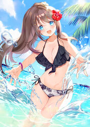  bikini blue_eyes blue_sky breasts brown_hair cleavage cloud cowboy_shot day female flower hibiscus large_breasts long_hair looking_at_viewer maronie. mismatched_bikini original outdoors ponytail side-tie_bikini_bottom sky solo swimsuit thigh_gap 