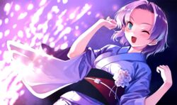  :d blue_eyes blush dutch_angle female flower game_cg hair_intakes hanami_mariya japanese_clothes kimono long_sleeves misaki_kurehito obi official_art one_eye_closed open_mouth purple_hair purple_kimono sash short_hair smile solo standing suiheisen_made_nan_mile? upper_body white_flower wide_sleeves yukata 