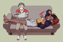  2boys alternate_costume bad_id bad_pixiv_id barefoot batabiru collared_shirt commentary_request couch dark-skinned_male dark_skin earrings full_body grey_shorts highres hood hoodie indoors jewelry kabu_(pokemon) long_sleeves lying male_focus multicolored_hair multiple_boys newspaper on_back pants pokemon pokemon_(creature) pokemon_swsh raihan_(pokemon) reading rotom rotom_phone shirt short_hair shorts sitting socks sweater toes two-tone_hair undercut 