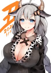  2021 :q ahoge animal_ears animal_print black_dress black_hairband black_jacket blue_eyes bouncing_breasts breasts chinese_zodiac cleavage closed_mouth commentary cow_ears cow_horns cow_print dress fake_animal_ears fake_horns female hairband highres horns jacket japanese_clothes kimono kizuna_akari large_breasts looking_at_viewer motion_lines open_clothes open_jacket print_kimono se-u-ra sleeveless smile solo tongue tongue_out two-tone_background upper_body voiceroid year_of_the_ox 