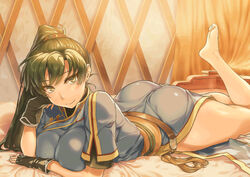  ass asymmetrical_bangs barefoot belt black_gloves blush breasts closed_mouth commission earrings feet_up female fingerless_gloves fire_emblem fire_emblem:_the_blazing_blade gloves green_eyes green_hair high_ponytail jewelry large_breasts long_hair looking_at_viewer lying lyn_(fire_emblem) obi on_stomach pixiv_commission ponytail sajittari sash sepia short_sleeves side_slit smile solo the_pose thighs 