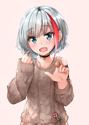  absurdres admiral_graf_spee_(azur_lane) admiral_graf_spee_(peaceful_daily_life)_(azur_lane) aran_sweater azur_lane badge blue_eyes brown_sweater bugles_(food) bugles_on_fingers button_badge cable_knit clothing_cutout female food food_on_hand highres looking_at_viewer multicolored_hair no_tail official_alternate_costume pointing pointing_at_viewer ryou_(ryo_217cafe) short_hair shoulder_cutout smile snack standing streaked_hair sweater white_hair 