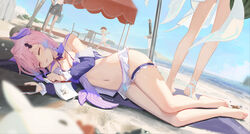  1boy 3girls absurdres aether_(genshin_impact) alternate_costume aton_(user_kufr5245) beach bikini blue_sky blurry book breasts cellphone closed_eyes day depth_of_field fish_hair_ornament frills genshin_impact hair_ornament head_out_of_frame highres holding holding_phone horizon jumpy_dumpty klee_(genshin_impact) legs lumine_(genshin_impact) lying multiple_girls navel on_side outdoors parted_lips phone pink_hair sangonomiya_kokomi sky small_breasts smartphone solo_focus summer swimsuit sword tent thigh_strap weapon white_bikini 