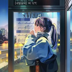  :o ahoge backlighting bag bag_charm bare_tree bf._(sogogiching) black_bag blue_jacket building bus bus_stop charm_(object) city cold collared_jacket female film_grain fingernails from_side glowing grass guard_rail hands_up jacket korean_commentary korean_text long_hair long_sleeves looking_afar looking_ahead motor_vehicle original outdoors own_hands_together palms_together parted_lips ponytail popped_collar profile puffy_long_sleeves puffy_sleeves purple_eyes purple_hair road shoulder_bag sideways_mouth sleeves_past_wrists solo standing street tareme temperature tree twilight upper_body weather 