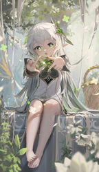  :o absurdly_long_hair absurdres aton_(user_kufr5245) barefoot basket bright_pupils cross-shaped_pupils dress female finger_frame genshin_impact green_eyes hair_ornament hair_spread_out highres long_hair looking_at_viewer nahida_(genshin_impact) outdoors pointy_ears sitting sitting_on_wall solo symbol-shaped_pupils tree very_long_hair white_dress white_hair 