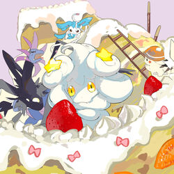  :/ absurdres alcremie alcremie_(salted_cream) alcremie_(star_sweet) alternate_color anger_vein annoyed apios bad_id bad_pixiv_id black_eyes black_sclera blank_eyes bow cake closed_mouth clothed_pokemon colored_sclera commentary construction crumbs fangs food food_on_face from_side fruit half-closed_eyes hand_up happy helmet highres hydreigon ladder long_hair looking_at_another looking_at_viewer open_mouth orange_eyes orange_headwear oversized_food oversized_object pikachu pink_bow pocky pokemon pokemon_(creature) profile red_eyes shiny_pokemon sideways_mouth smile standing star_(symbol) strawberry sylveon tongue tongue_out white_hair yellow_eyes 