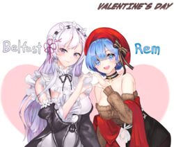  2girls absurdres azur_lane belfast_(azur_lane) belfast_(azur_lane)_(cosplay) belfast_(shopping_with_the_head_maid)_(azur_lane) breasts character_name choker cosplay costume_switch crossover hat heart heart_hands heart_hands_duo highres looking_at_viewer maid multiple_girls off-shoulder_sweater off_shoulder official_alternate_costume pencil_skirt re:zero_kara_hajimeru_isekai_seikatsu rem_(re:zero) rem_(re:zero)_(cosplay) roswaal_mansion_maid_uniform skirt solaris_(sinhyg) sweater trait_connection upper_body valentine 