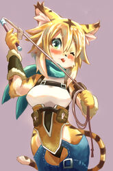  2020 5_fingers anthro blush breasts brown_body brown_fur clothed clothing cygames felid female fingers fur green_eyes hair hi_res holding_object inner_ear_fluff kemono looking_at_viewer mammal mia_(world_flipper) multicolored_body multicolored_fur one_eye_closed pantherine piporinton portrait solo stripes three-quarter_portrait tiger tongue tongue_out tuft whip white_body white_fur wink world_flipper 