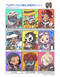  1other 4boys 4girls absurdres aces_high_seer aerial_evolution_valkyrie ambiguous_gender animification apex_legends bangalore_(apex_legends) bird black_gloves black_hair blonde_hair bloodhound_(apex_legends) blue_eyes bottle brown_jacket center_stage_mirage clothed_robot crow crypto_(apex_legends) dark-skinned_female dark-skinned_male dark_skin facial_hair flower followers_favorite_challenge gloves goggles goggles_on_headwear hair_slicked_back heart highres holding holding_bottle hood hood_up humanoid_robot jacket loba_(apex_legends) long_hair looking_to_the_side mask memoir_noir_pathfinder mirage_(apex_legends) moustache multiple_boys multiple_drawing_challenge multiple_girls nojima_minami official_alternate_costume one-eyed one_eye_closed orange_jacket parted_bangs patch_notes_crypto pathfinder_(apex_legends) petty_theft_loba pink_hair red_eyes red_flower red_hair red_jacket rising_phoenix_crypto robot seer_(apex_legends) soldado_de_la_muerte_bangalore sun_bleached_wraith valkyrie_(apex_legends) wraith_(apex_legends) young_blood_bloodhound 