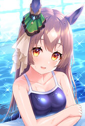  :d animal_ears backlighting bare_arms bare_shoulders blue_gemstone blue_one-piece_swimsuit blush breast_rest breasts brown_hair caustics cleavage collarbone commentary_request competition_school_swimsuit crossed_arms day diamond_(shape) ear_ornament ear_ribbon female gem green_ribbons head_tilt highres horse_ears long_hair looking_at_viewer medium_breasts multicolored_hair one-piece_swimsuit partially_submerged pool poolside red_eyes ribbon satono_diamond_(umamusume) school_swimsuit see-through single_vertical_stripe smile solo sparkle straight_hair streaked_hair swimsuit tomo_(tmtm_mf_mf) tracen_swimsuit two-tone_hair umamusume very_long_hair water wet wet_clothes wet_hair white_hair white_ribbon 