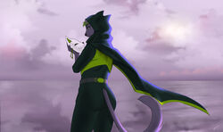  ai_(i_zeta) anthro biped black_nose canid canine cape clothed clothing cloud conditional_dnp digital_media_(artwork) eyebrows eyelashes fully_clothed fur green_eyes green_hair grey_body grey_fur grey_hair hair holding_mask looking_at_viewer looking_back looking_back_at_viewer male mammal mask multicolored_hair outside portrait rear_view shaded solo standing tail three-quarter_portrait two_tone_hair wolfbane154 