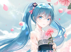  blue_eyes blue_hair blush cloud day falling_petals female flat_chest floral_print flower hair_between_eyes hatsune_miku holding holding_flower iren_lovel japanese_clothes kimono light_smile long_hair looking_at_viewer obi parted_lips petals pink_flower pink_rose rose sash see-through see-through_shirt shirt sky solo tassel twintails upper_body very_long_hair vocaloid white_kimono 