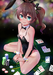  absurdres animal_ears bare_legs black_leotard black_ribbon blackjack_table blush bow bowtie breasts brown_hair card cat_hair_ornament commentary detached_collar fake_animal_ears female full_body green_eyes hair_between_eyes hair_ornament hair_ribbon highres hololive leotard natsuiro_matsuri one-piece_tan ontake2009 open_mouth oversized_breast_cup playboy_bunny playing_card poker_chip rabbit_ears ribbon short_hair side_ponytail sitting sitting_on_table small_breasts smile solo strapless strapless_leotard table tan tanlines virtual_youtuber wrist_cuffs 