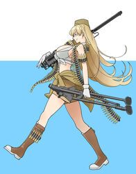  absurdres boots breasts brown_footwear browning_m2 clothes_around_waist female gear_(gearba50) girls&#039;_frontline gun heavy_machine_gun highres holding holding_gun holding_tripod holding_weapon jacket jacket_around_waist knee_boots large_breasts long_hair looking_to_the_side m2hb_(girls&#039;_frontline) machine_gun solo tank_top tripod weapon 