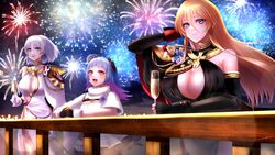  3girls aiguillette alcohol azur_lane bangs banned_artist bare_shoulders bismarck_(azur_lane) bismarck_(beacon_of_the_ironblood)_(azur_lane) black_dress black_gloves blonde_hair blue_eyes breasts cape cleavage cleavage_cutout closed_eyes clothing_cutout cup dress drinking_glass epaulettes evening_gown fingerless_gloves fireworks gloves hair_between_eyes halter_dress halterneck iron_cross large_breasts long_hair looking_at_viewer medallion mior multicolored_hair multiple_girls official_alternate_costume open_mouth outdoors railing silver_hair smile tirpitz_(azur_lane) tirpitz_(iron_blood_snowstorm)_(azur_lane) u-556_(azur_lane) white_cape white_dress white_gloves 