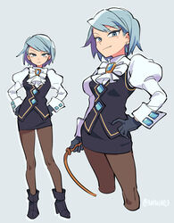  ascot black_footwear black_gloves black_legwear black_skirt blue_eyes blue_hair boots breasts closed_mouth earrings female gloves grey_background gyakuten_saiban hand_on_own_hip hands_on_own_hips high_heel_boots high_heels highres holding jewelry karuma_mei long_sleeves medium_breasts mole mole_under_eye multiple_views nono_(norabi) pantyhose phoenix_wright:_ace_attorney_-_justice_for_all puffy_long_sleeves puffy_sleeves short_hair simple_background skirt smirk twitter_username white_ascot 