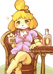  2020 alcohol animal_crossing anthro bent_legs beverage blonde_hair blouse blush bottle bottomwear canid canine canis chair clothed clothing container crossed_legs cup domestic_dog female fully_clothed fur furniture hair holding_container holding_cup holding_object isabelle_(animal_crossing) leg_over_knee mammal monotone_blouse monotone_bottomwear monotone_clothing monotone_skirt monotone_topwear nintendo setouchi_kurage sitting skirt smile solo table topwear whiskey yellow_body yellow_fur 