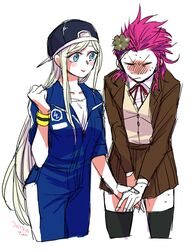  1boy baseball_cap black_headwear blue_jumpsuit blush brown_flower brown_jacket brown_skirt closed_mouth crossdressing danganronpa_(series) danganronpa_3_(anime) den1208 female flower grey_background hair_flower hair_ornament hat holding_hands hope&#039;s_peak_academy_school_uniform jacket jumpsuit miniskirt neck_ribbon open_clothes open_jacket pink_hair red_ribbon ribbon school_uniform simple_background skirt smile soda_kazuichi sonia_nevermind sweat thighhighs vest zettai_ryouiki 