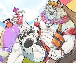  ambient_bird anthro avian ball beach_ball beach_umbrella bird clothing eyewear felid feline felis glasses group hi_res humanoid inflatable league_of_legends lion male mammal muscular muscular_male nipples pantherine parasol pecs rengar_(lol) riot_games smile swimwear tencent warwickislovely 