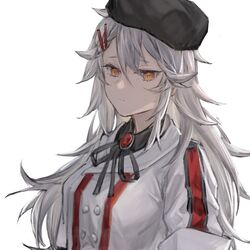  bad_id bad_pixiv_id black_hat black_shirt bolo_tie chinese_commentary collared_shirt commentary_request female gepard_m1_(girls&#039;_frontline) girls&#039;_frontline hair_between_eyes hair_ornament hairclip hat highres jacket long_hair messy_hair partial_commentary qiujiao shirt simple_background solo upper_body white_background white_hair white_jacket yellow_eyes 