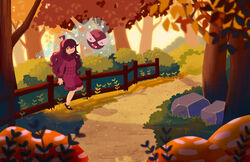  ahoge alternate_color closed_eyes closed_mouth day dress female fence forest gastly grass hairband hex_maniac_(pokemon) highres long_hair long_sleeves mixed-language_commentary nail_polish nature outdoors pokemon pokemon_(creature) pokemon_xy purple_dress sayonararolling shiny_pokemon shoes smile tree 