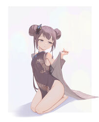  absurdres aton_(user_kufr5245) barefoot black_dress black_hair blue_archive border breasts china_dress chinese_clothes closed_mouth clothes_between_thighs double_bun dress female grey_eyes grey_jacket hair_bun highres jacket jacket_partially_removed kisaki_(blue_archive) looking_to_the_side muted_color no_pants seiza shadow simple_background sitting sleeveless sleeveless_dress small_breasts solo white_background white_border 