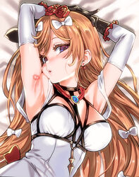  armpit_crease armpit_focus armpits arms_behind_head asanagi bow breasts clarisse_(granblue_fantasy) clarisse_(soleil_blanc)_(granblue_fantasy) commentary_request duplicate elbow_gloves female gloves granblue_fantasy hairbow highres lipstick_mark long_hair looking_at_viewer medium_breasts official_alternate_costume orange_hair parted_lips pixel-perfect_duplicate solo very_long_hair 