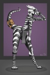  2:3 absurd_res accessory anthro bag furgonomics hi_res horn kobold looking_at_viewer male multicolored_body multicolored_scales paws pose scales simple_background smile solo striped_body stripes tail tail_accessory tail_bag zebrov 