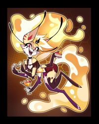  2025 4_arms 5_fingers absurd_res antennae_(anatomy) anthro biped bottomwear breasts canid canine clothed clothed_anthro clothed_female clothing digital_drawing_(artwork) digital_media_(artwork) feet female fingers fox front_view fully_clothed fully_clothed_anthro fully_clothed_female hair hellaverse helluva_boss hi_res mammal multi_arm multi_limb open_mouth open_smile praquina queen_bee-lzebub_(helluva_boss) smile solo tail teeth toes tongue topwear 