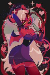  absurdres breasts colored_skin demon_girl demon_horns demon_wings female hellaverse helluva_boss highres holding holding_knife horns kaylefth knife large_breasts long_hair looking_at_viewer pink_eyes pink_skin solo verosika_mayday white_hair wings 