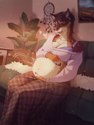  2025 3:4 5_fingers anthro biped bottomwear bra breasts brown_body brown_fur canid canine claws clothed clothed_anthro clothed_female clothing countershade_torso countershading digital_drawing_(artwork) digital_media_(artwork) ear_piercing female finger_claws fingers front_view fully_clothed fully_clothed_anthro fully_clothed_female fur furniture hi_res inner_ear_fluff inside lynjox mammal navel on_sofa open_mouth piercing plant pregnant sitting sitting_on_sofa sofa solo teeth tongue topwear tuft underwear 